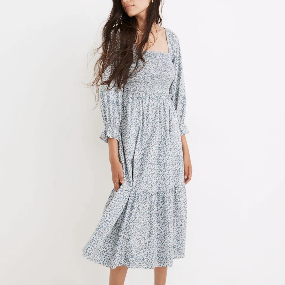 Madewell Lucie Elbow-Sleeve Smocked Midi Dress in Sunflower Field